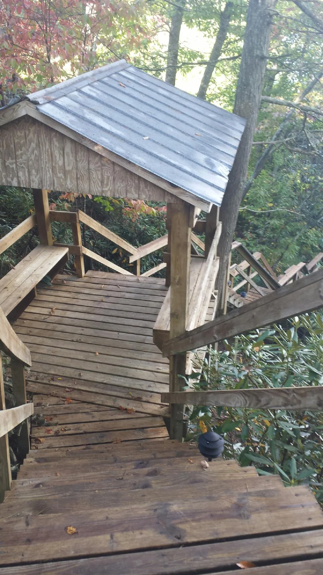 Metal roofed shelter over wooden steps on a wooded walkway — Skylight Repair & Installation work by our crew in Hornbrook